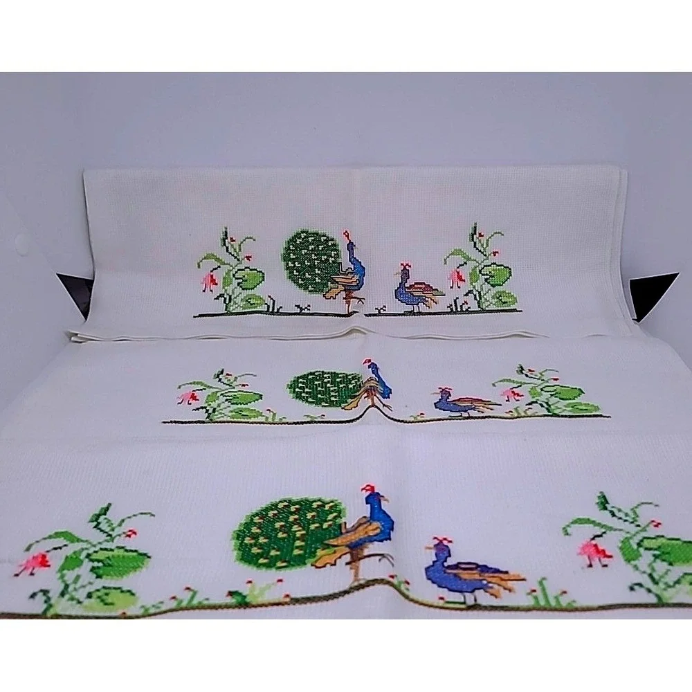 Vintage Peacock Cross Stitch Tea Towels‎ Set of 3 White Cotton Guest Linens Boho